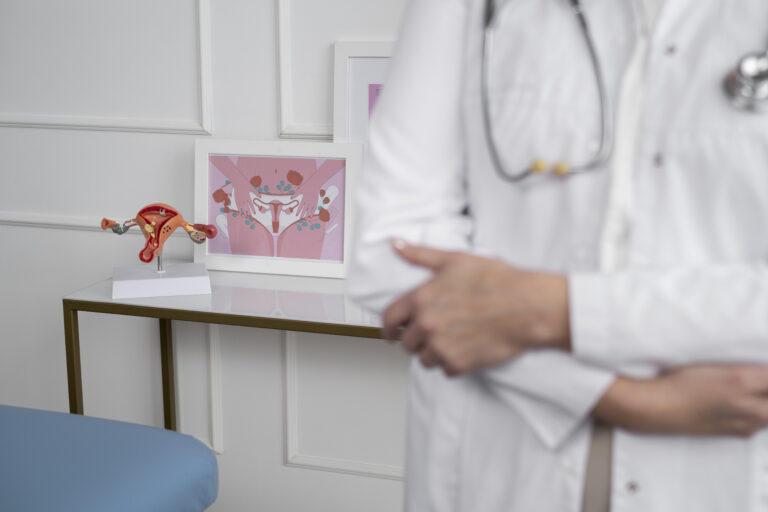 Médico embaçado de vista frontal usando estetoscópio, e ao fundo um porta-retrato com ilustração do sistema reprodutor, bem como um protótipo do útero, representando sistemas de histeroscopia cirúrgica